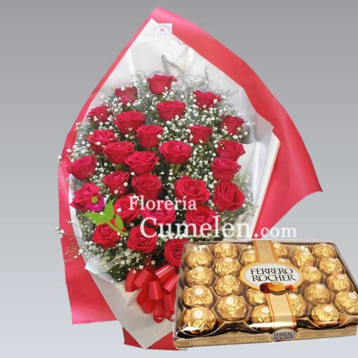 Arreglo de 24 Rosas + 24 Bombones Ferrero Rocher