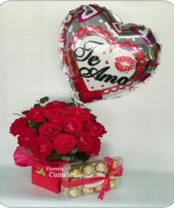 600 | Caja de Rosas Rojas, globo y bombones