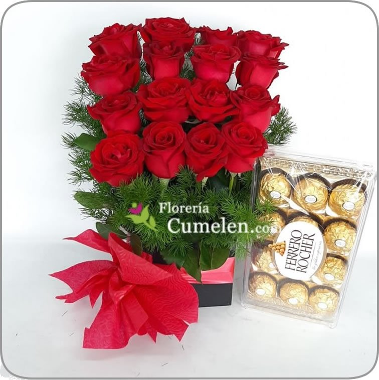 638 | Caja 16 Rosas rojas y bombones – Flores Cumelen